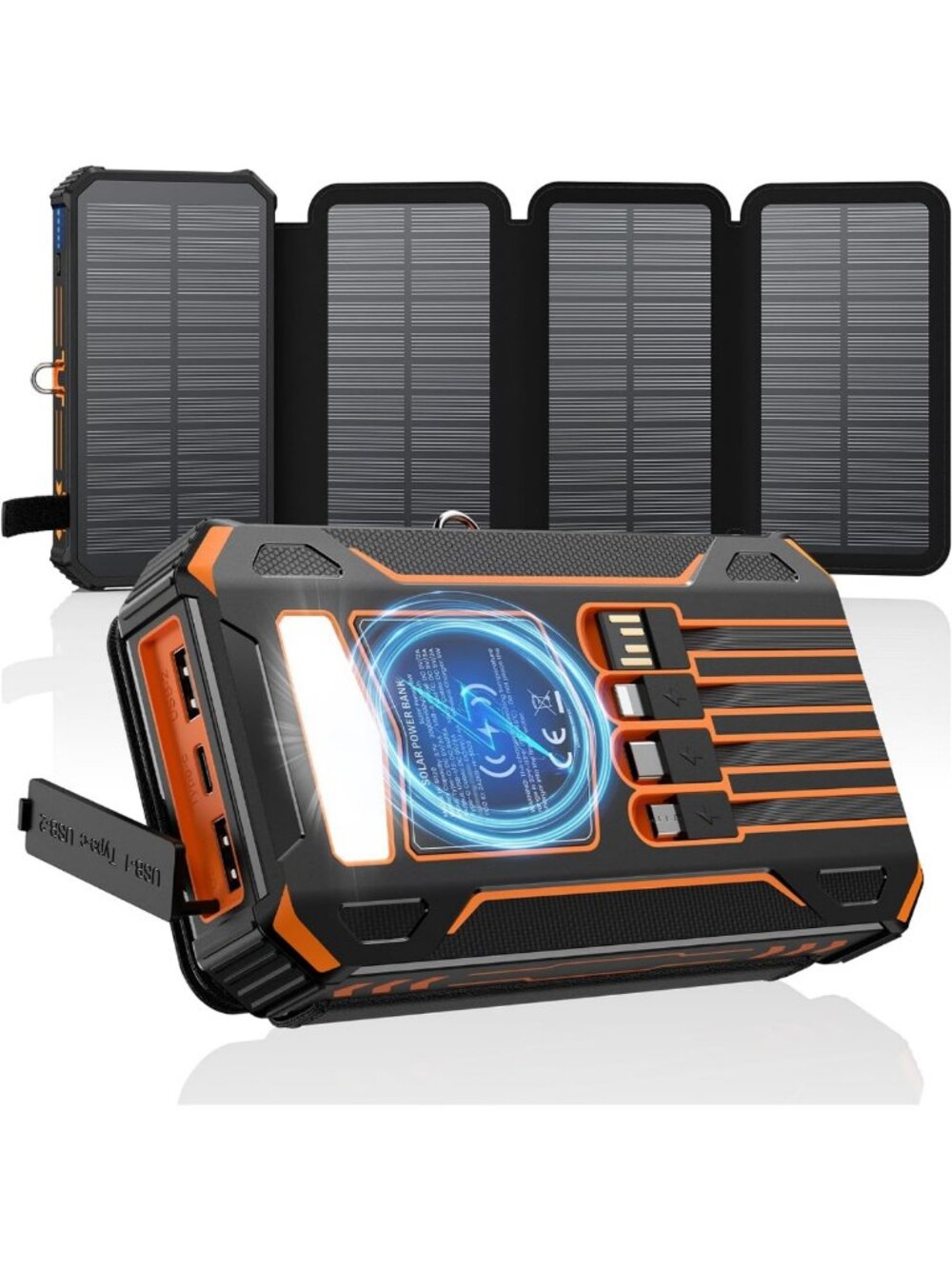20000mAh Solar Power Bank, Wireless Portable Charger with 4 Cables & Fast